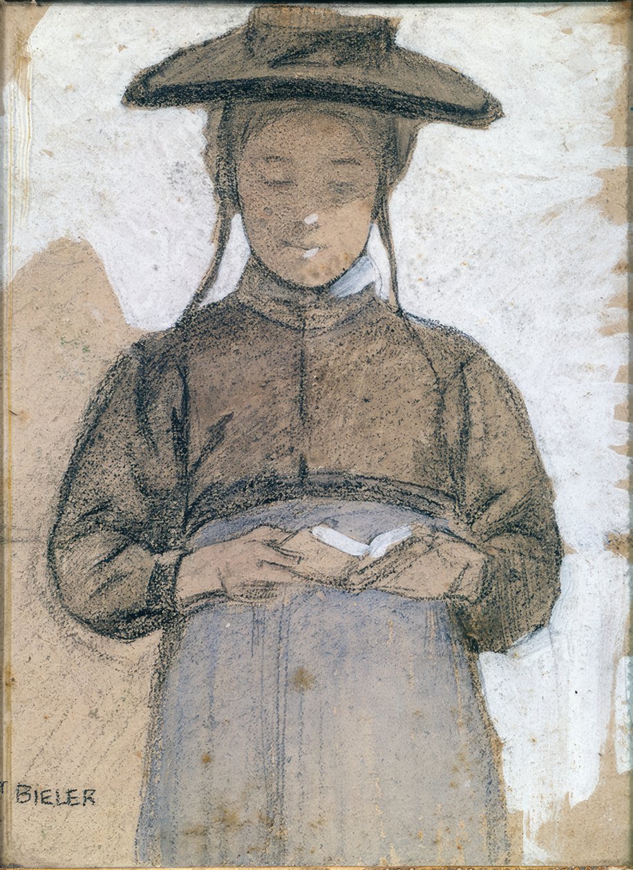 年轻的瓦莱州妇女在阅读她的信经 作者 欧内斯特·比勒（Ernest Bieler）