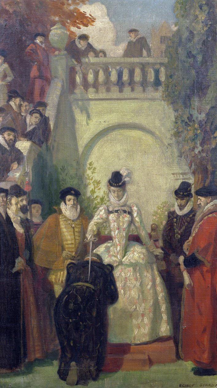 英国女王伊丽莎白一世约翰·杨爵士在他的财产，大房子，布里斯托尔，1910-20的台阶上骑士 作者 欧内斯特董事会