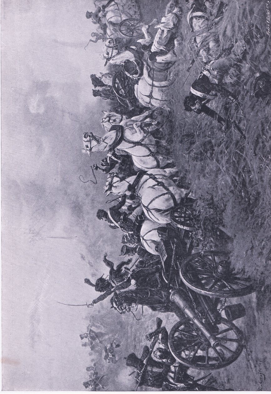 1815年6月18日在滑铁卢第52牛津郡轻步兵团夺取法国电池，1915年英国陆地和海上战役的插图 作者 欧内斯特·克罗夫茨