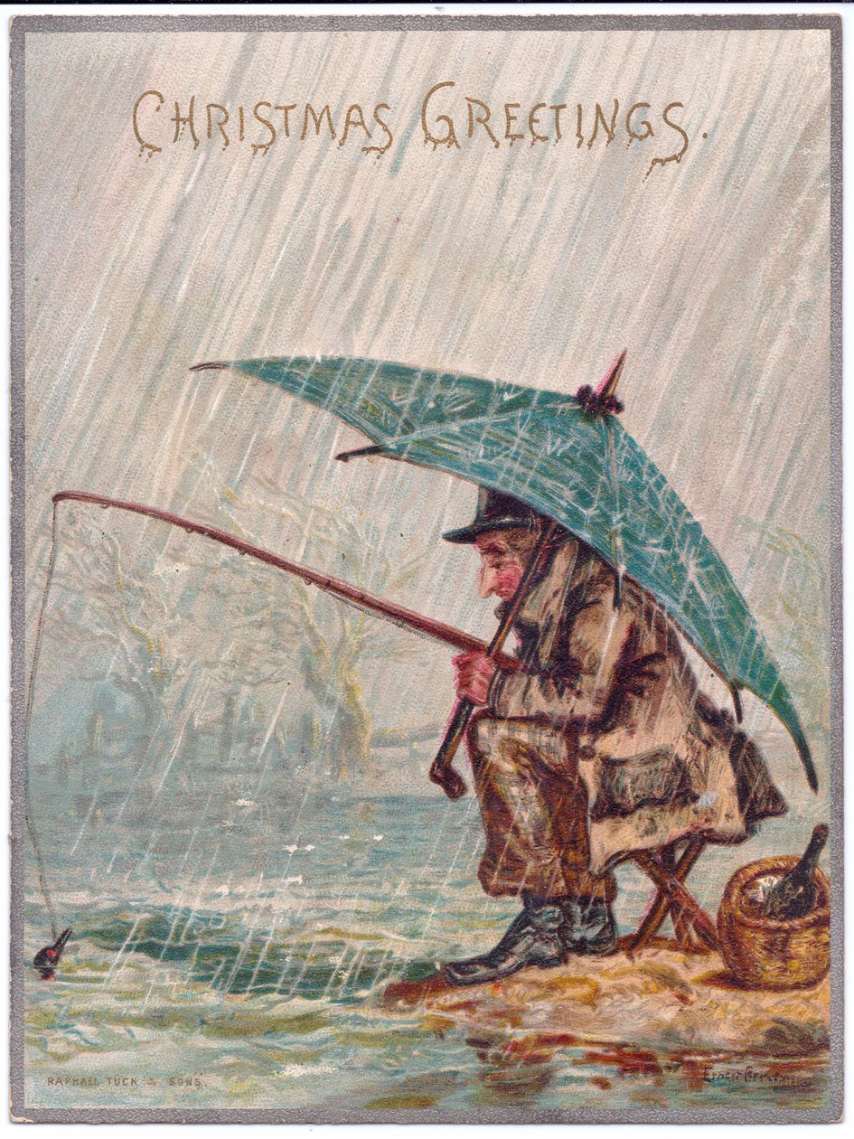 一个孤独的渔夫的一张维多利亚女王时代的圣诞卡在一个雨天，c.1880 作者 欧内斯特·亨利·格里斯特