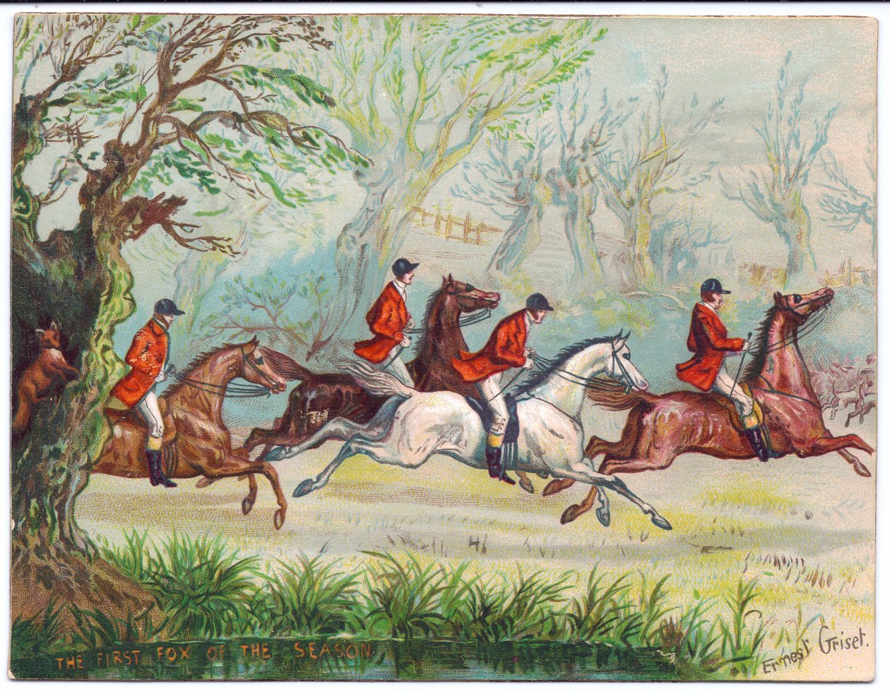 狐狸猎人的维多利亚女王时代的贺卡赛跑，当狐狸在树掩藏，c.1880 作者 欧内斯特·亨利·格里斯特