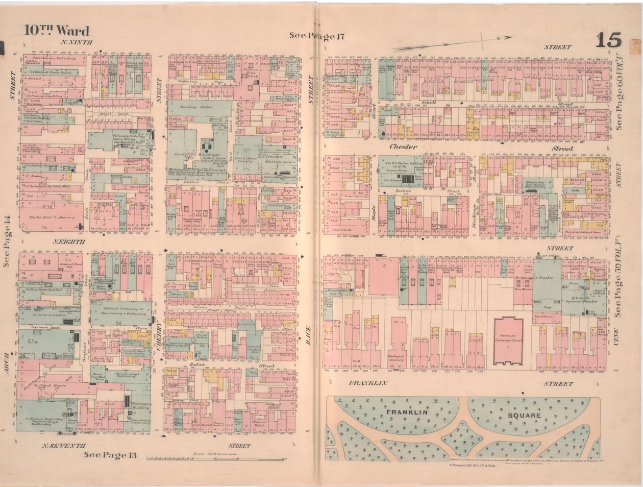 费城市保险地图;第2卷，第15,1887号（手工彩色雕刻） 作者 欧内斯特（Ernest Hexamer）