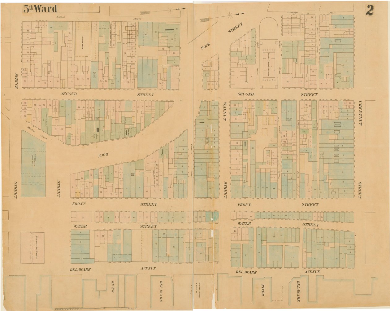 费城市地图，第1卷，第2卷，1860年（手工彩色雕刻） 作者 欧内斯特（Ernest Hexamer）