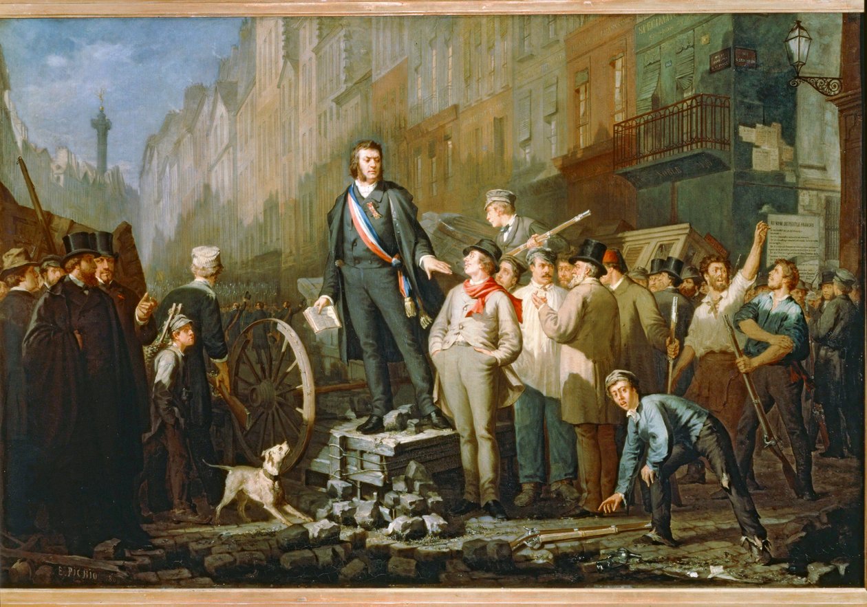 1851 年 12 月 2 日政变后，让-巴蒂斯特-阿尔方斯-博丹在巴黎附近圣安托万的街垒上......（布面油画） 作者 欧内斯特·路易斯·皮希奥