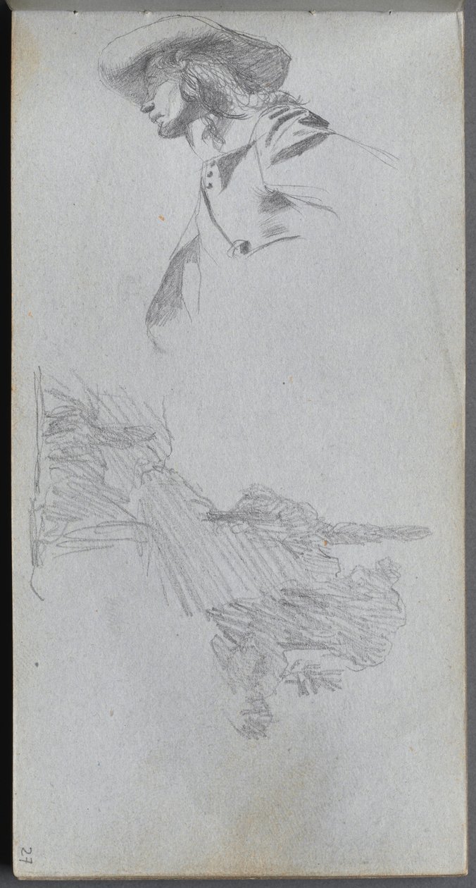 素描本，第 27 页：露台上 "的细节研究和景观研究 作者 欧内斯特·迈森尼尔