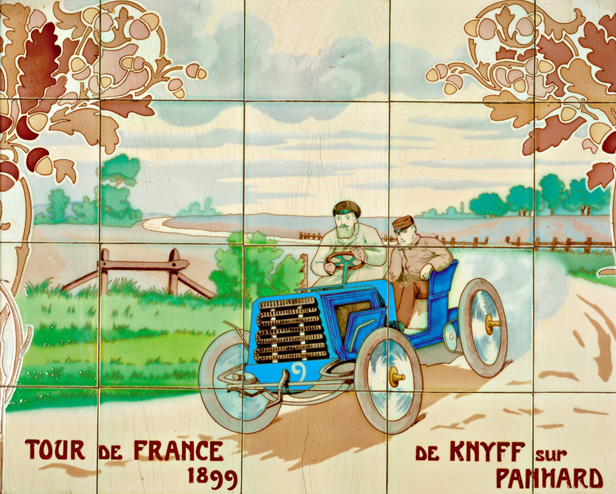 德-克尼夫驾驶一辆 Panhard 汽车参加 1899 年环法赛：巴黎 Gilardoni Fils et Cie 公司生产的瓷砖，取材于 Ernest Montaut（1878-1909 年）的画作。 作者 欧内斯特·蒙托