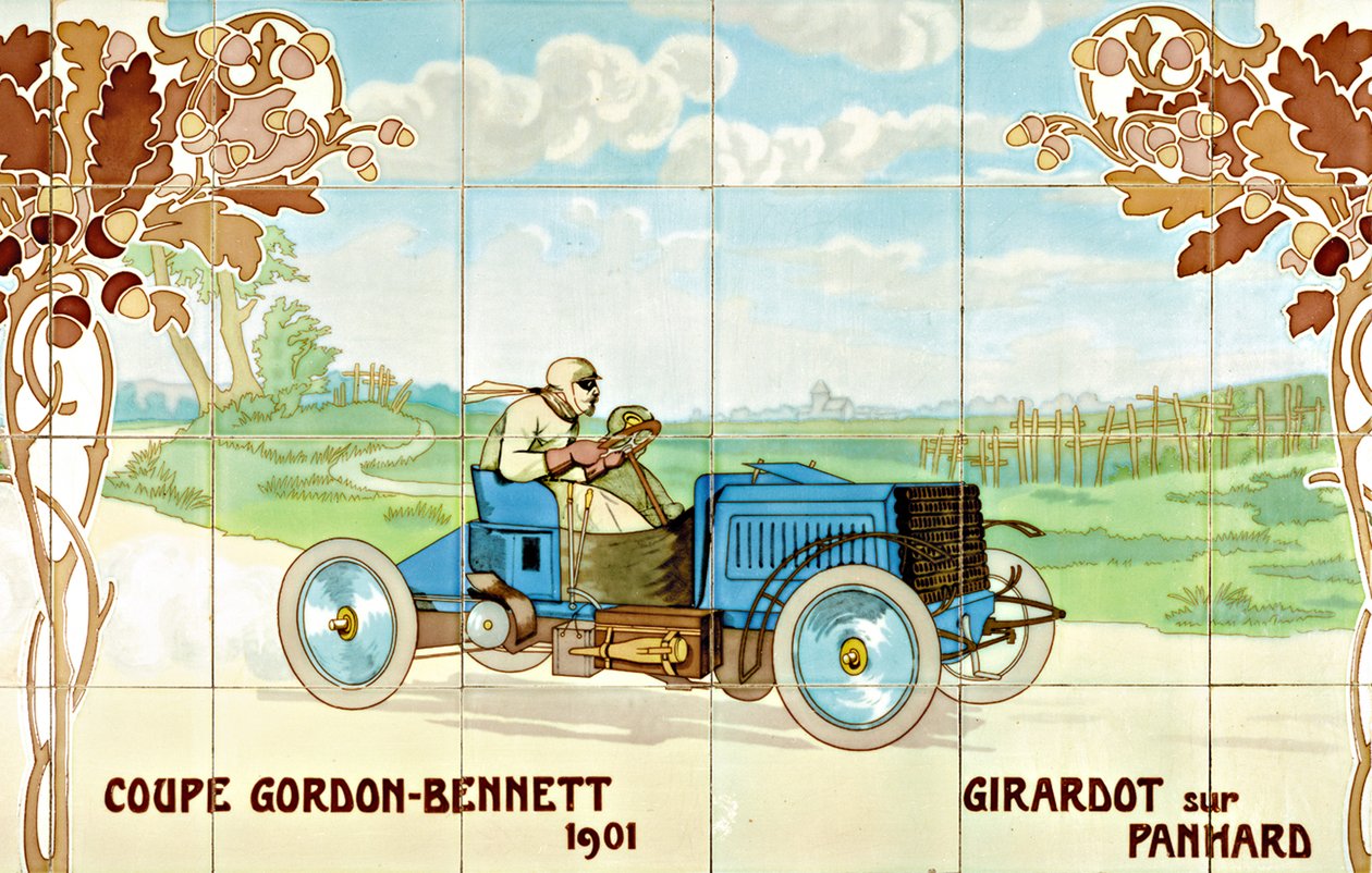 吉拉多特驾驶一辆 Panhard 汽车参加 1901 年的戈登-贝内特杯：巴黎 Gilardoni Fils et Cie 公司生产的瓷砖，取材于 Ernest Montaut（1878-1909 年）的绘画作品 作者 欧内斯特·蒙托