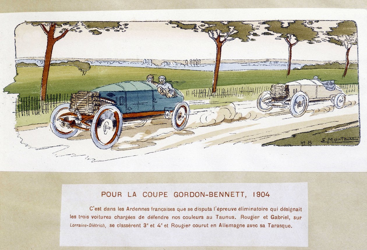 赛车。1904年的戈登-贝内特杯（Gordon-Bennett）--由Ernest Montaut（1878-1909）绘制。 作者 欧内斯特·蒙托