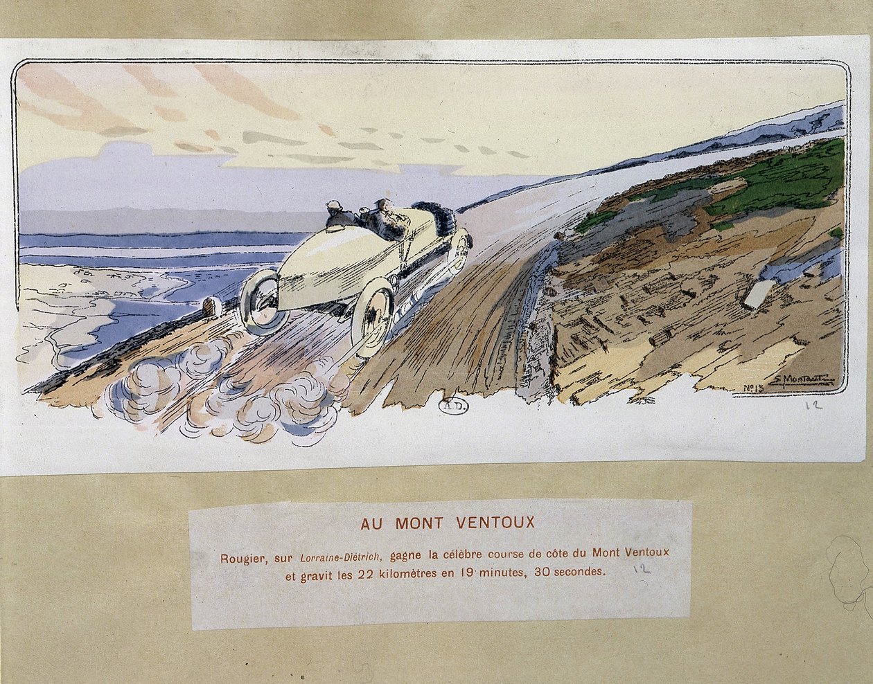 赛车：在 Mont Ventoux - 由 Ernest Montaut (1878-1909) 绘制。 作者 欧内斯特·蒙托