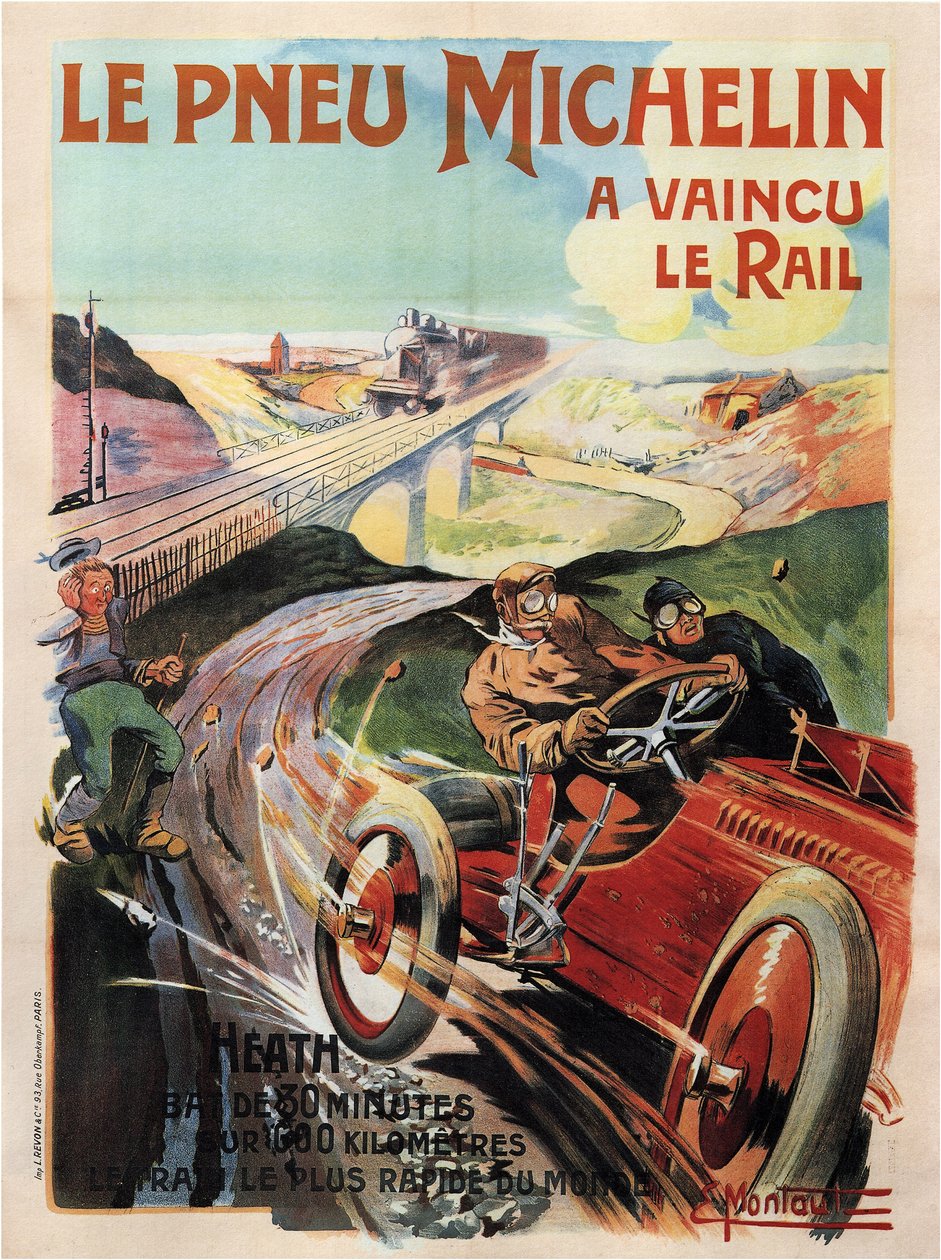 由荒地驾驶的 Panhard 和 Levassor 赛车 - Michelin Tyres (Pneu) - Montaut, Ernest (1879-1909) - 1905 - 彩色石版画 - 私人收藏 作者 欧内斯特·蒙托