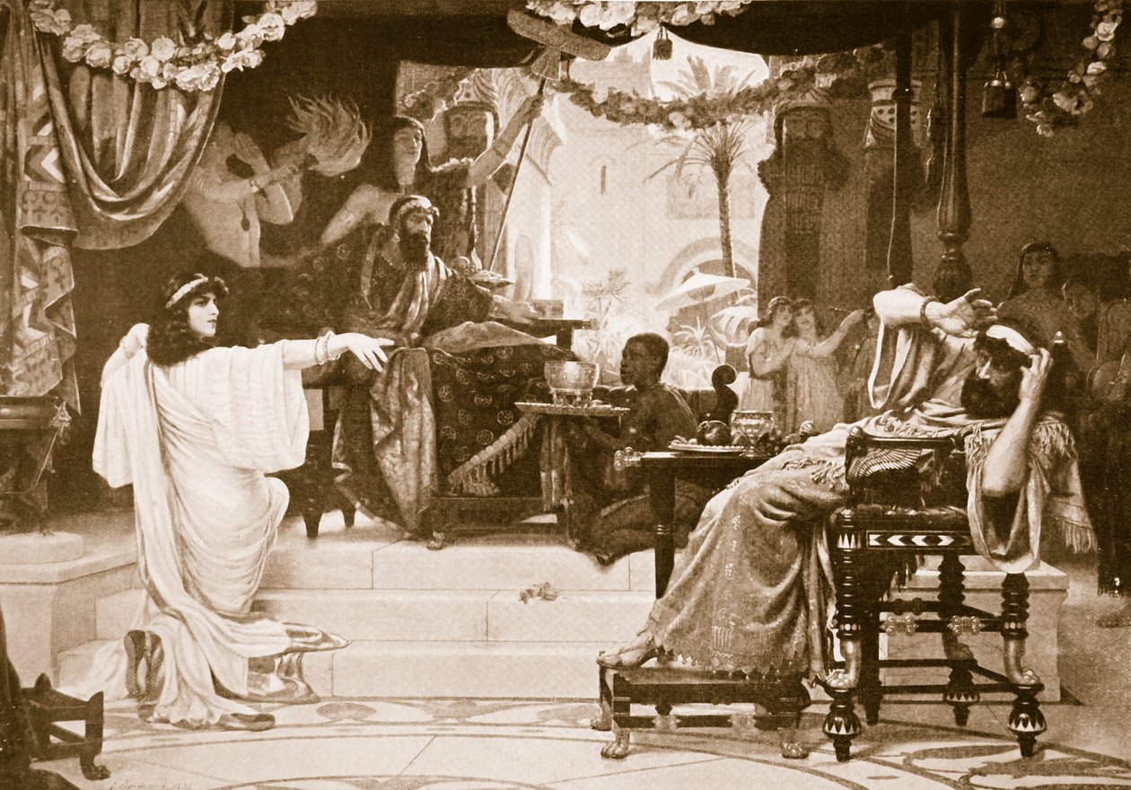 以斯帖谴责哈曼，来自&39;哈钦森国家历史&39;的插图，c.1910（棕褐色印刷品） 作者 欧内斯特·诺曼德