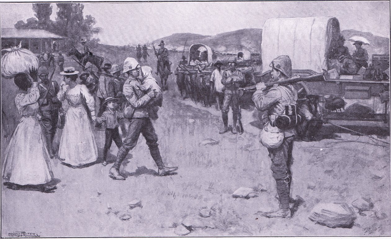 英国士兵协助波尔难民，插图来自比勒陀利亚之后：游击队战争，1902年 作者 欧内斯特·普拉特