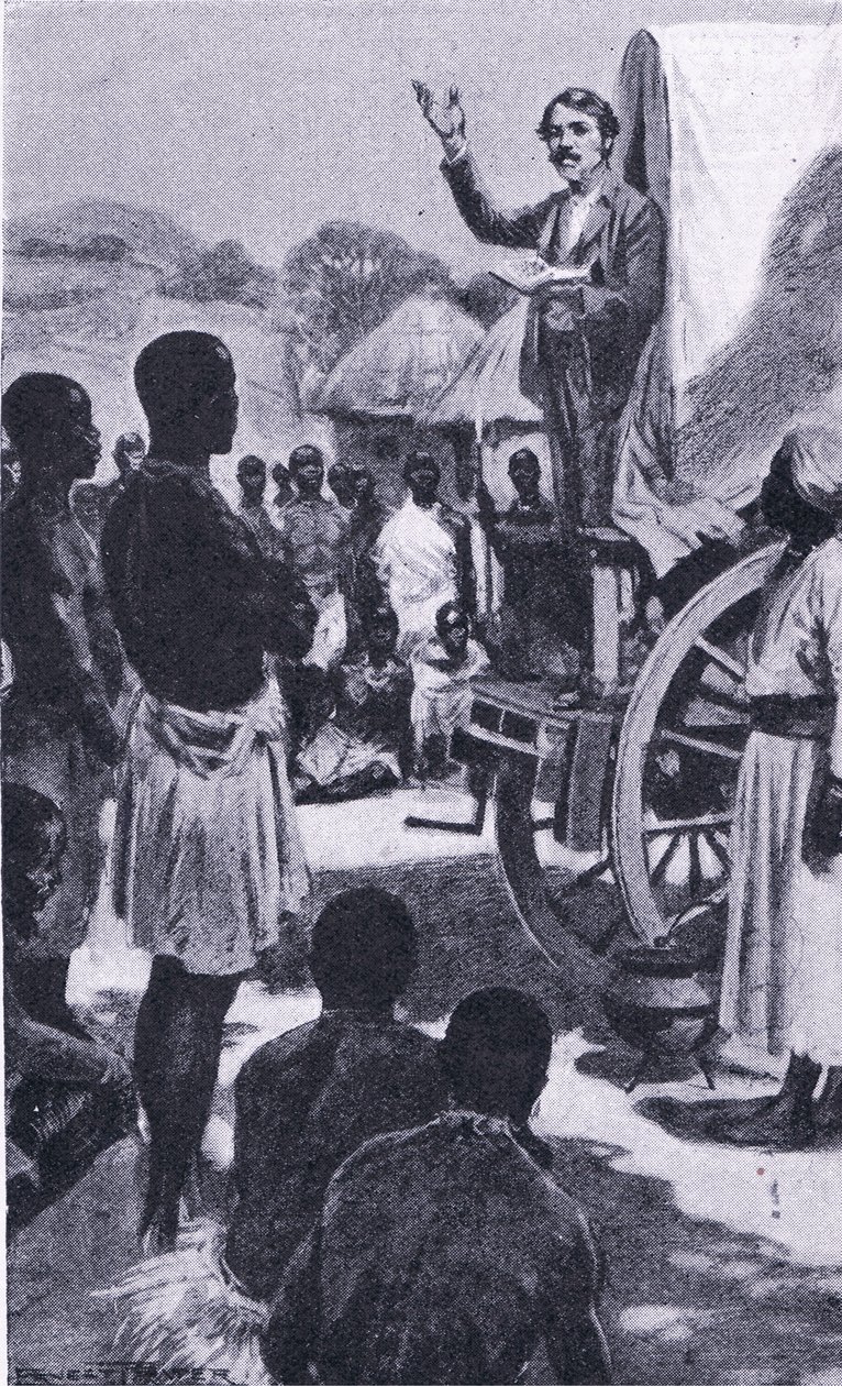 向Makololo讲道：Livingstone，插图来自着名生活的Cassells浪漫，c.1940 作者 欧内斯特·普拉特