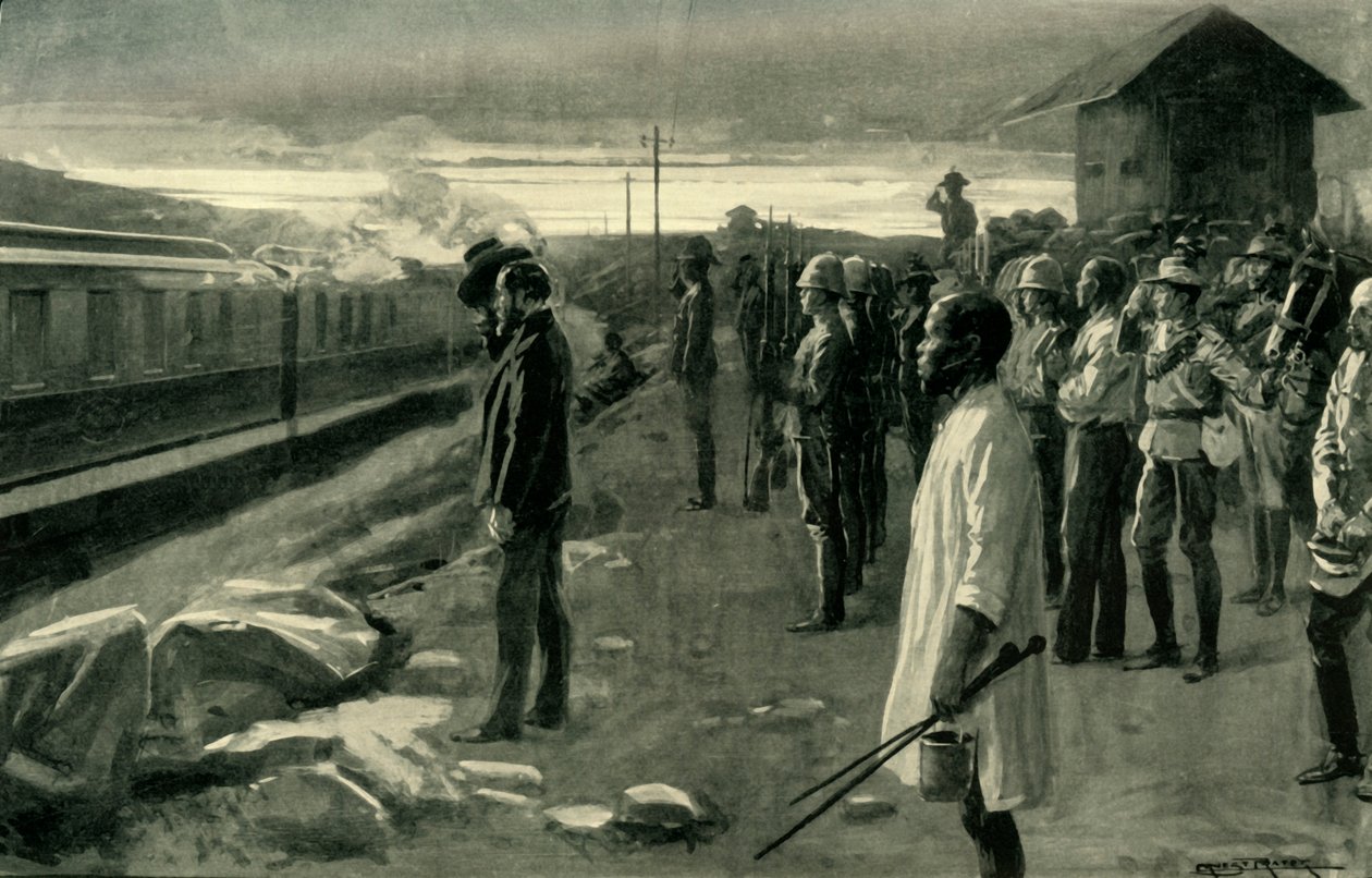 运送罗德斯先生遗体的列车受到碉堡守卫的礼遇》，1902年。 作者 欧内斯特·普拉特