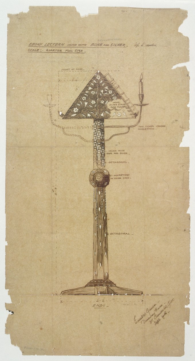 设计为Ebony Lectern镶嵌骨与银的圣安德鲁斯教堂，Roker 1906（笔和墨水在纸上） 作者 欧内斯特·威廉·吉姆森