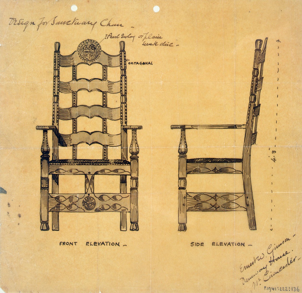 Sanctuary Chair设计，c.1905-25（纸和笔墨水洗） 作者 欧内斯特·威廉·吉姆森