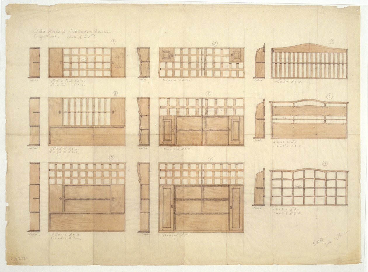 1906年英国橡木中国架，餐具柜和梳妆台的设计（铅笔和纸上卫生用品） 作者 欧内斯特·威廉·吉姆森