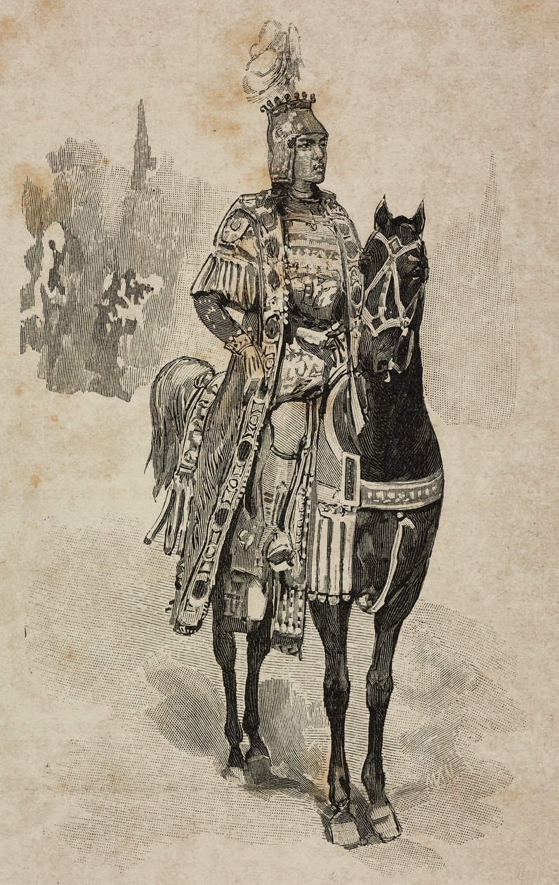 意大利罗马，萨沃伊的奥斯塔公爵埃马努埃莱·菲利伯托 (Emanuele Filiberto) 身着翁贝托·比安卡马诺 (Umberto Biancamano) 服装，出席波各赛别墅锦标赛，参加翁贝托一世 (Umberto I) 和萨沃伊的玛格丽特 (Margherita) 的银婚。 作者 埃内斯托·曼卡斯特罗帕