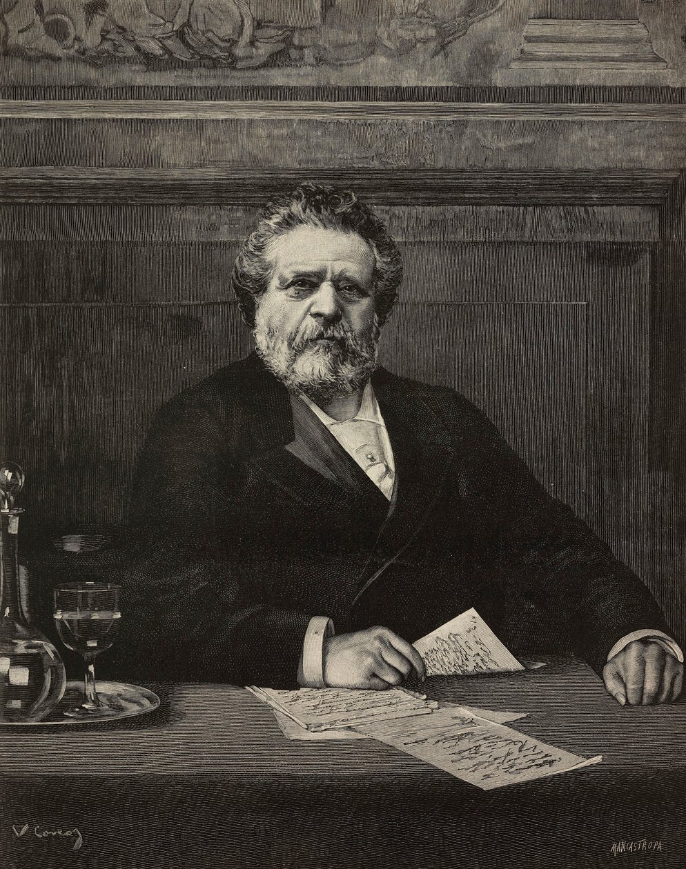 乔苏埃·卡尔杜奇（Giosue Carducci，1835-1907 年），意大利诗人和作家，1906 年诺贝尔奖获得者，埃内斯托·曼卡斯特罗帕 (Ernesto Mancastroppa) 根据维托里奥·科科斯 (Vittorio Corcos) 的画作雕刻，出自《意大利插画》，第 19 年，第 29 期，7 月 17 日 作者 埃内斯托·曼卡斯特罗帕