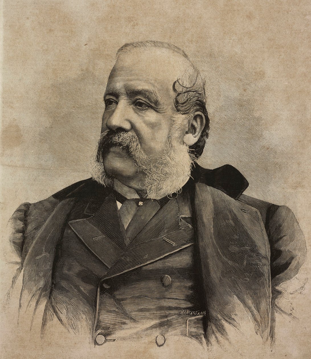 Gerolamo Induno (1825-1890) 的肖像，意大利画家，Ernesto Mancastropa 根据 Guigoni 和 Bossi 的照片雕刻，来自 L