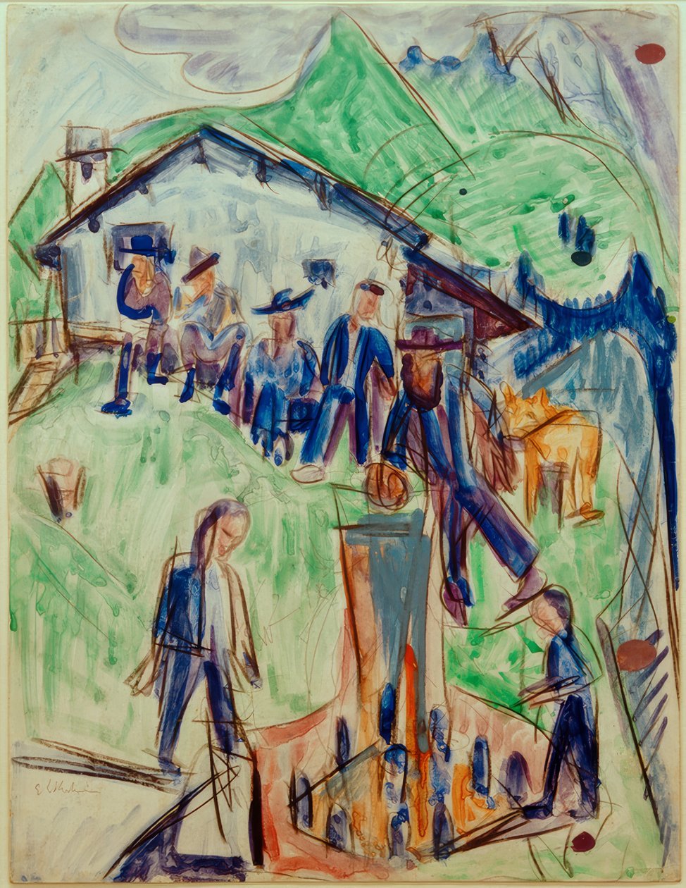 ELKirchner，Stafelalp小屋前喷泉旁的农民 作者 恩斯特·路德维希·基希纳
