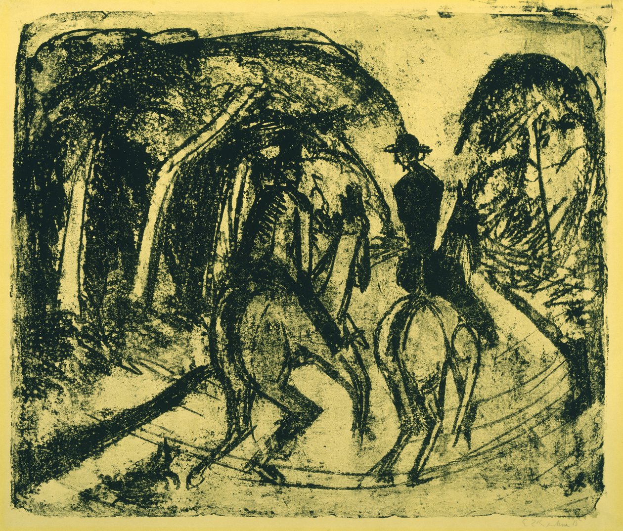 Reiter im Grunewald，1914年（黄色纸上的平版画） 作者 恩斯特·路德维希·基希纳