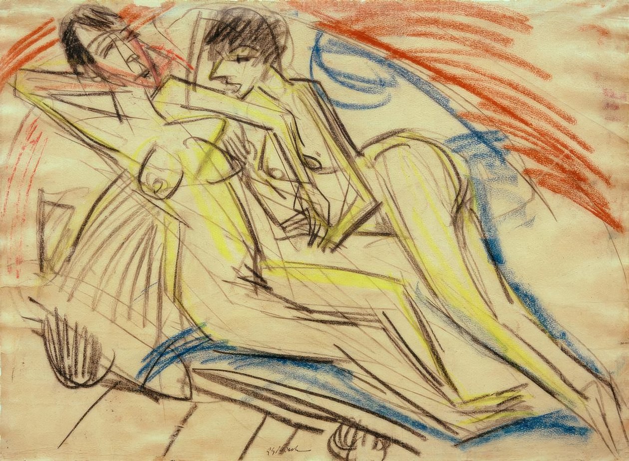 在床上的两个裸体女孩 作者 恩斯特·路德维希·基希纳