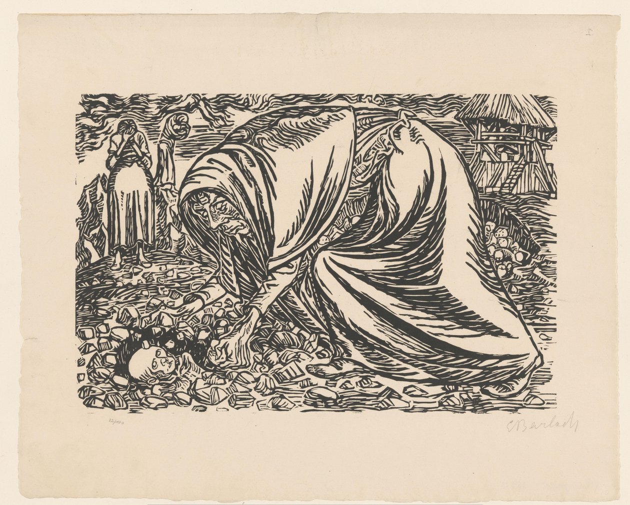 死去的孩子被埋葬 作者 Ernst Barlach（艺术家签名）