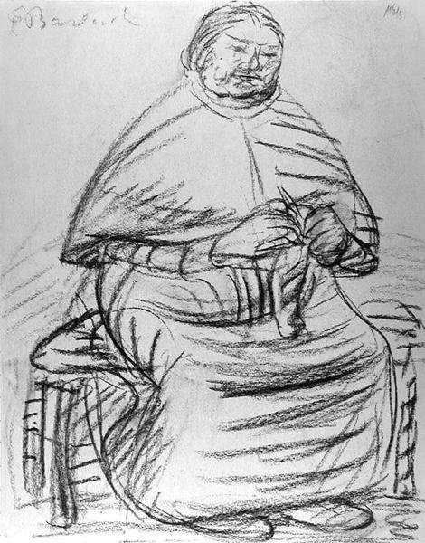 编织的老妇人（纸上木炭）（黑白照片 作者 恩斯特·巴拉赫（Ernst Barlach）
