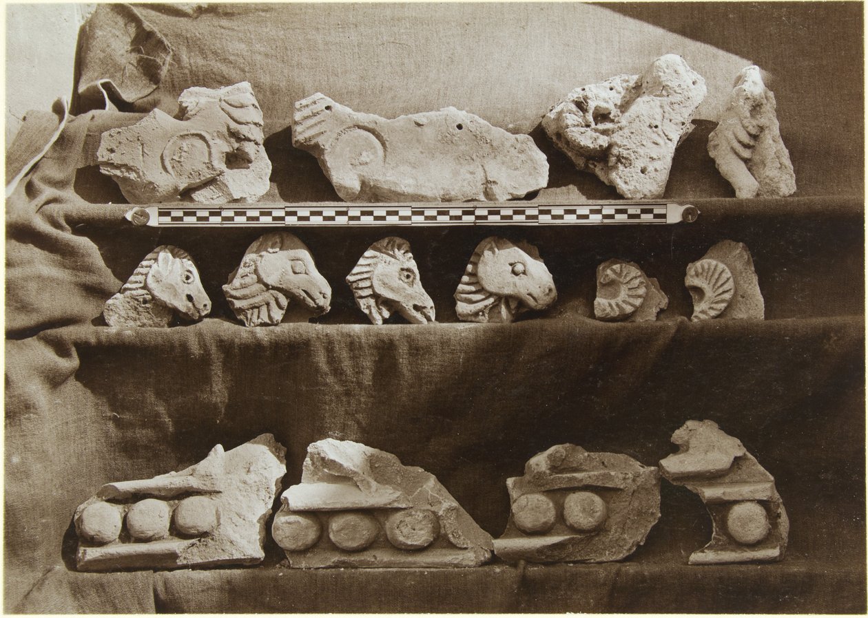萨马拉（伊拉克）的发掘：哈里发宫（达勒·基拉法（Dar al-Khilafa），贾瓦萨克·贾卡尼（Jawsaq al-Khaqani），拜特·哈利法（Bayt al-Khalifah））的带骆驼雕像的带状装饰的碎片，小瑟达卜，约1911年13月（b - w照片） 作者 恩斯特·赫兹菲尔德