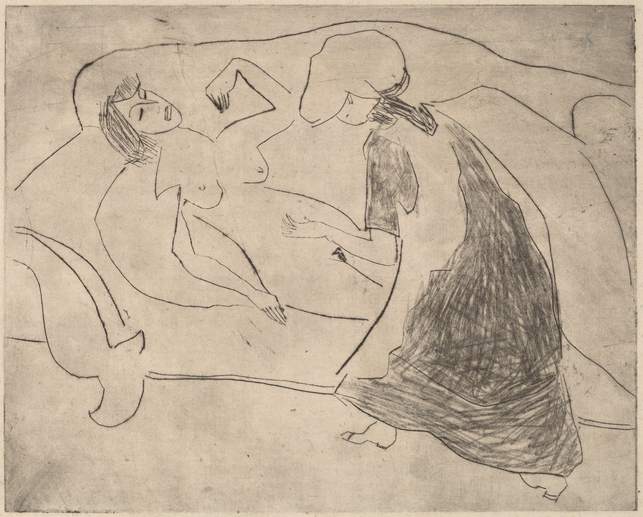 女孩，另一个人在揉她的肚子，1910年。 作者 恩斯特·路德维希·基希纳