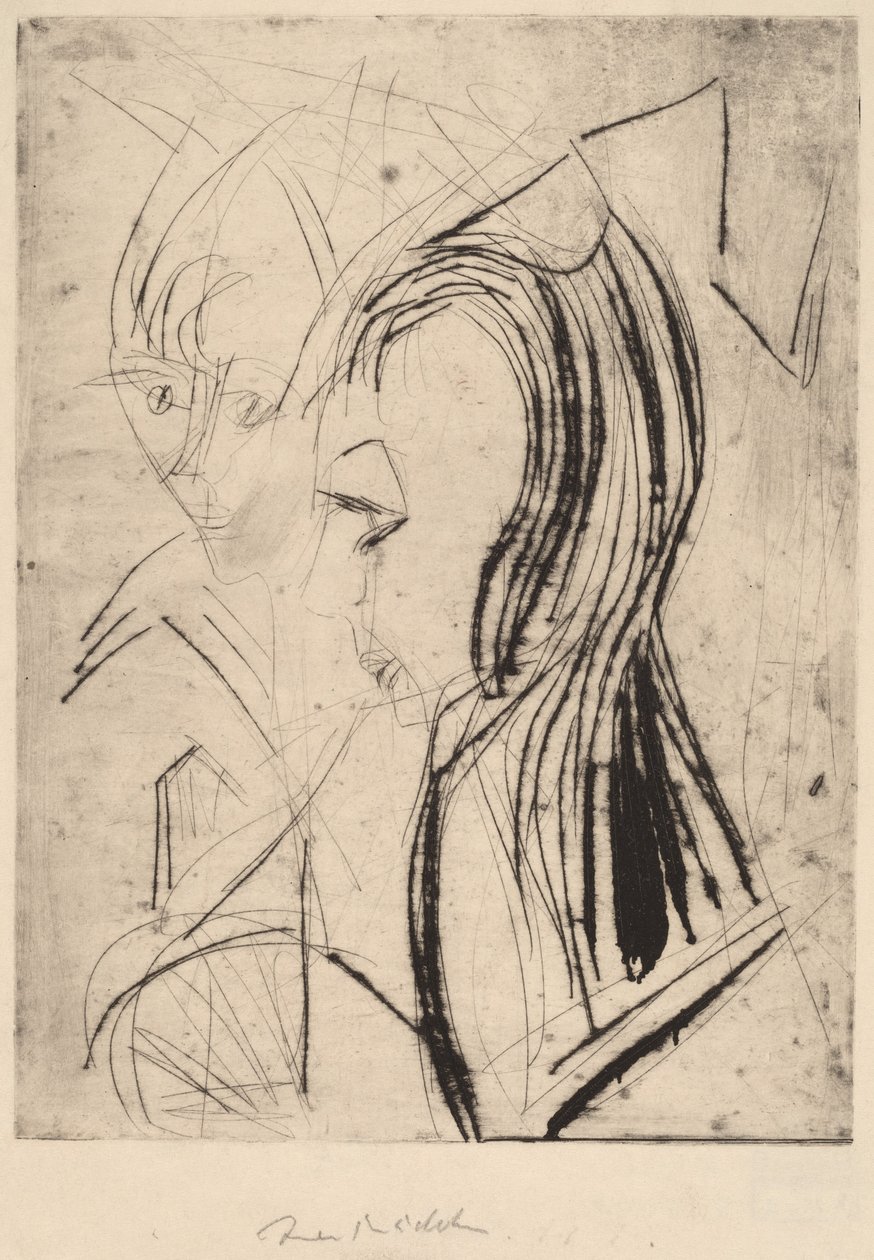 两个女孩的头像，1919年。 作者 恩斯特·路德维希·基希纳