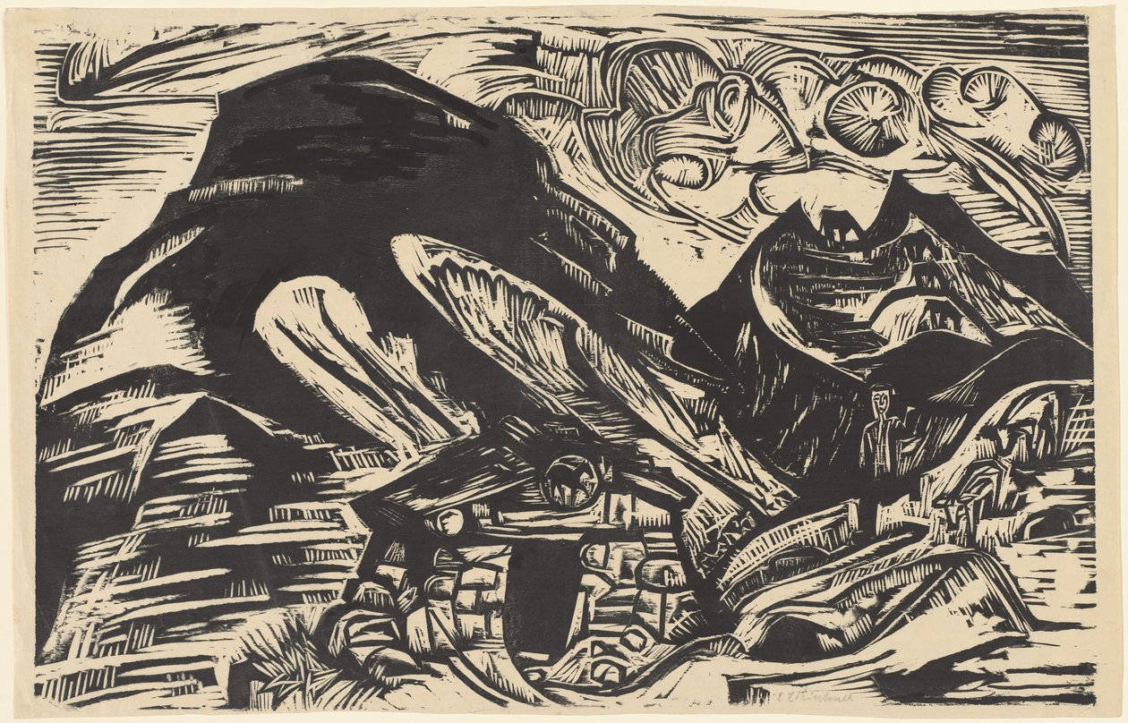 带着山间小屋的山脉，1921年。 作者 恩斯特·路德维希·基希纳
