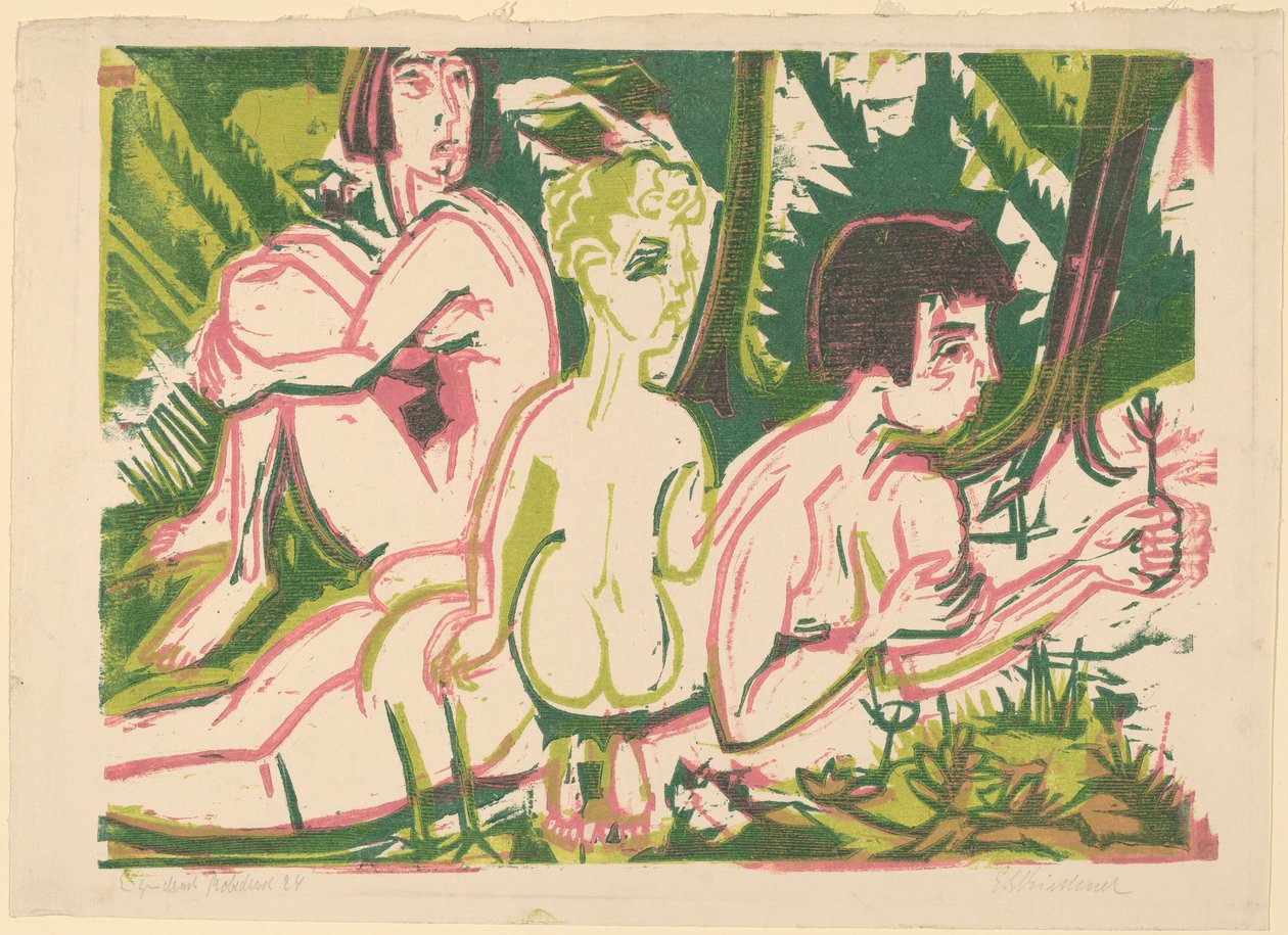 森林中带着孩子的裸体女人，1925年。 作者 恩斯特·路德维希·基希纳
