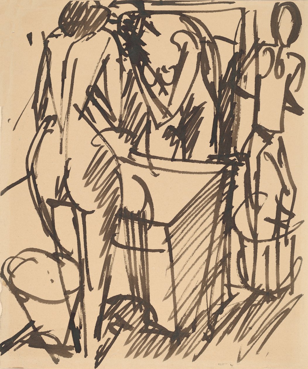 带镜子的裸体，站在洗脸台前，1908-1910。 作者 恩斯特·路德维希·基希纳