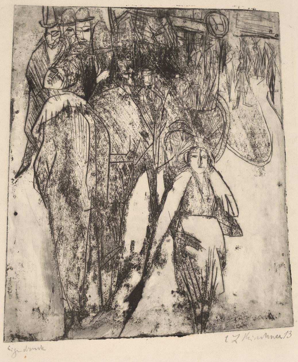 有一辆大巴的街景，1914年。 作者 恩斯特·路德维希·基希纳