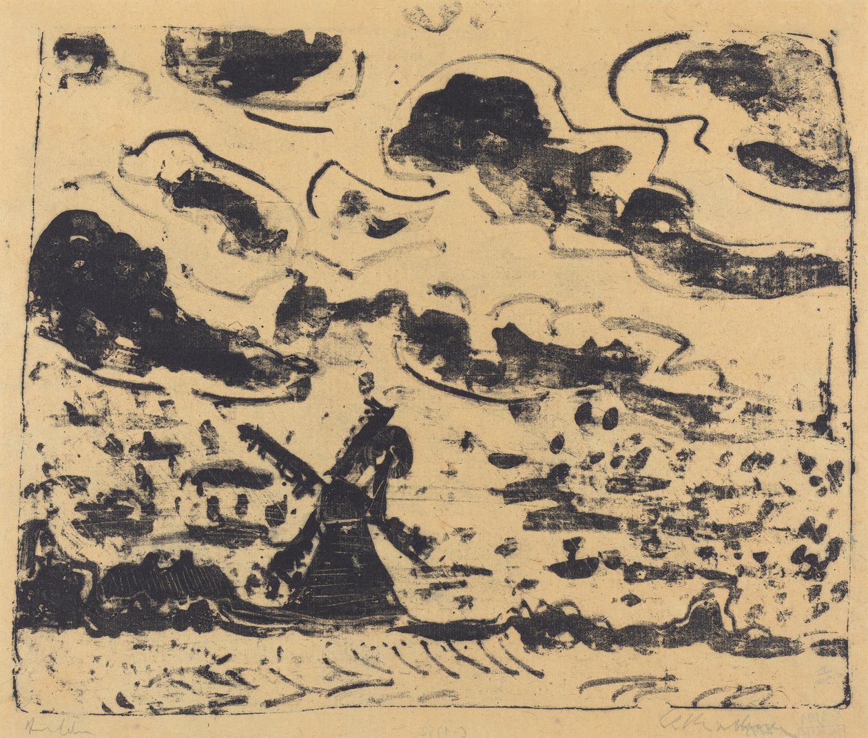 费马恩河畔布尔格附近的风车，1908年。 作者 恩斯特·路德维希·基希纳