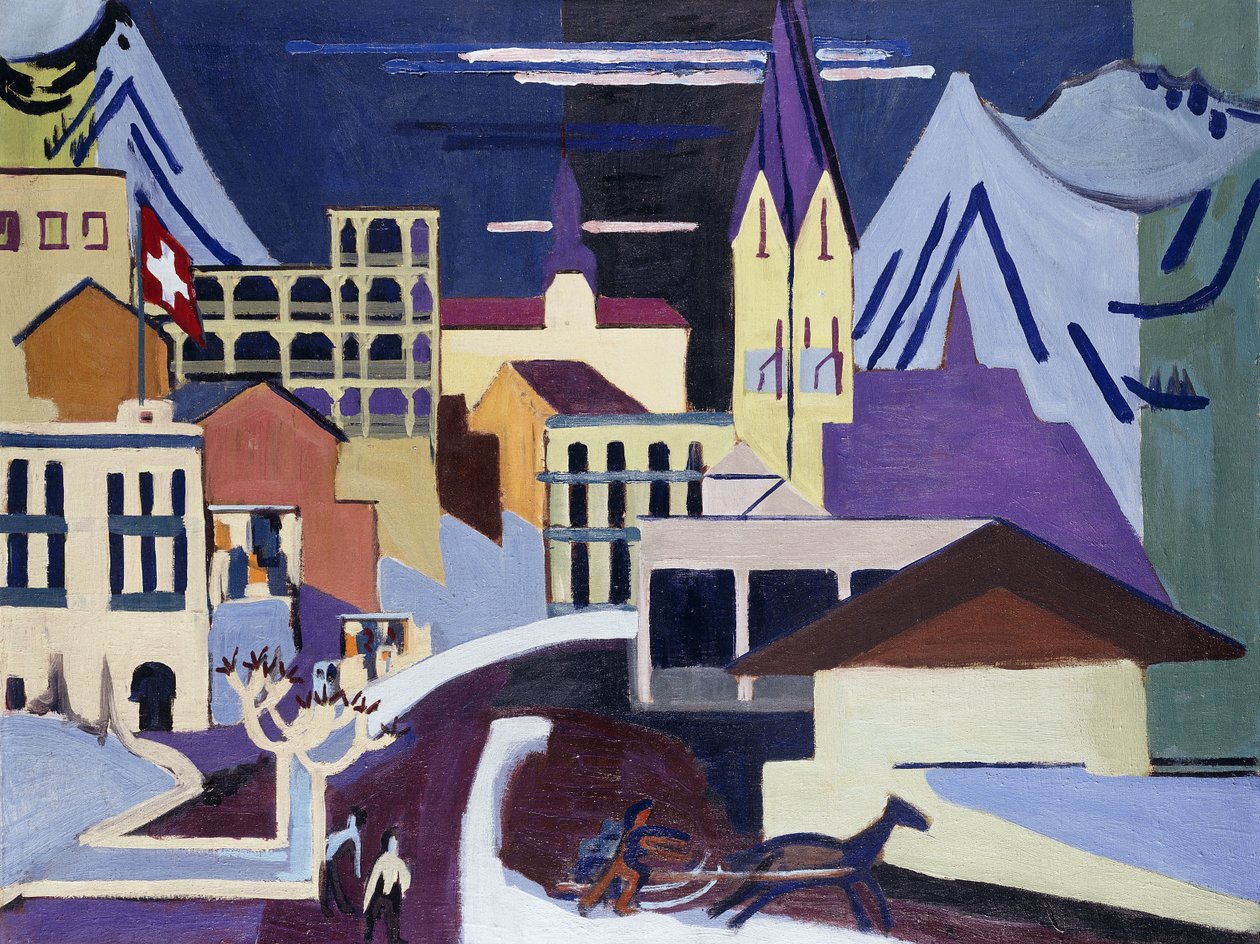 达沃斯-普拉茨火车站； 1931年在班霍夫（Banhof）的达沃斯广场（Davos-Platz） 作者 恩斯特·路德维希·基希纳