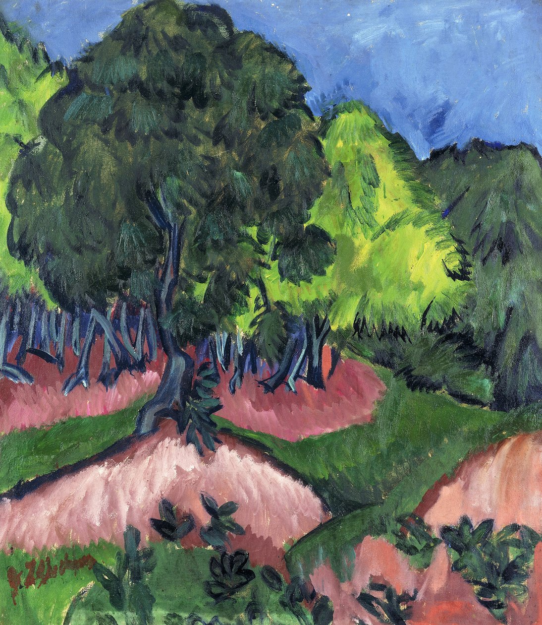 风景与板栗树；板栗树风景，1913年 作者 恩斯特·路德维希·基希纳
