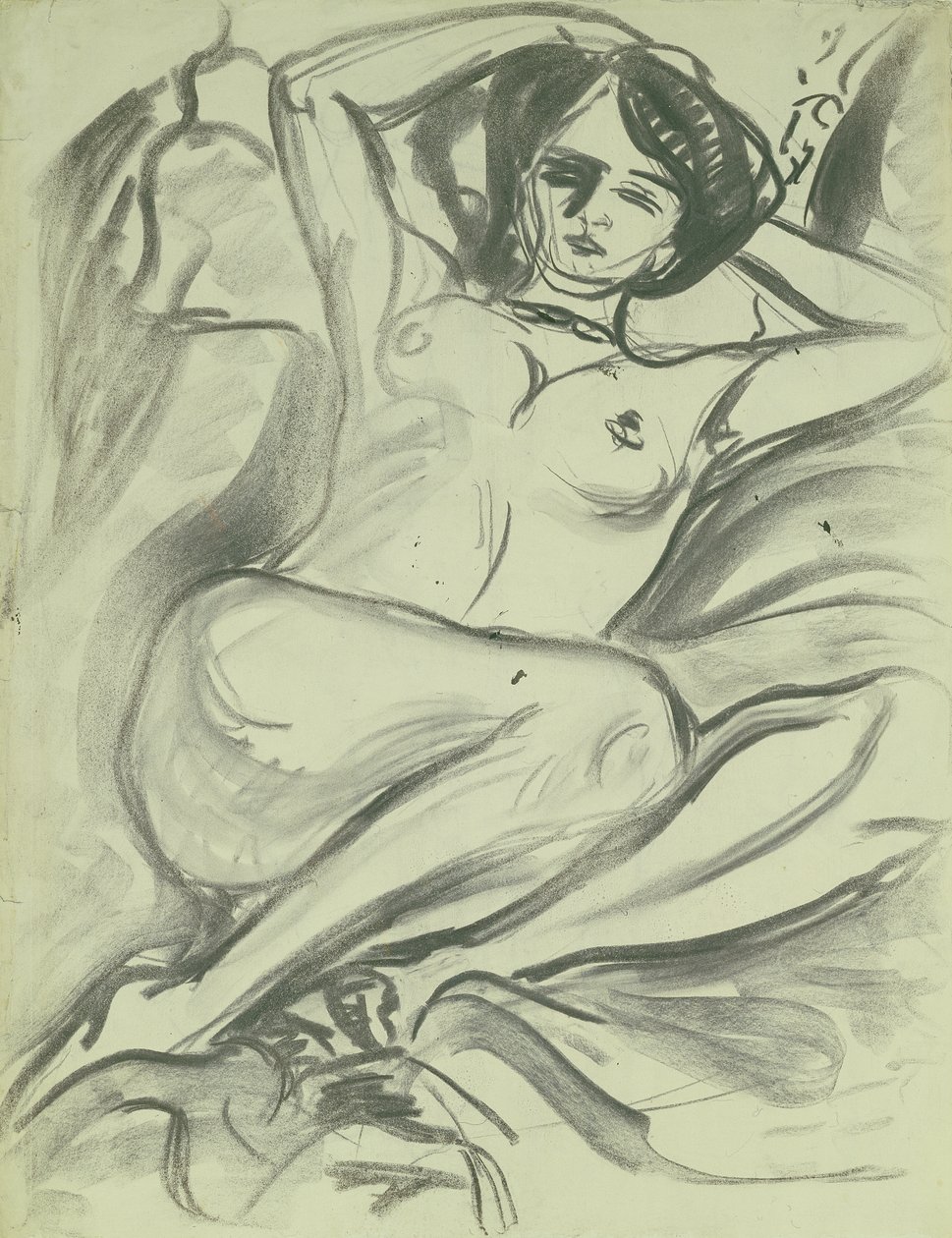 斜倚的裸体（伊莎贝拉），1906年（纸上的木炭） 作者 恩斯特·路德维希·基希纳
