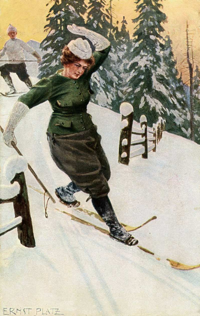 十九世纪末或二十世纪初的女子滑雪。 作者 严肃的地方