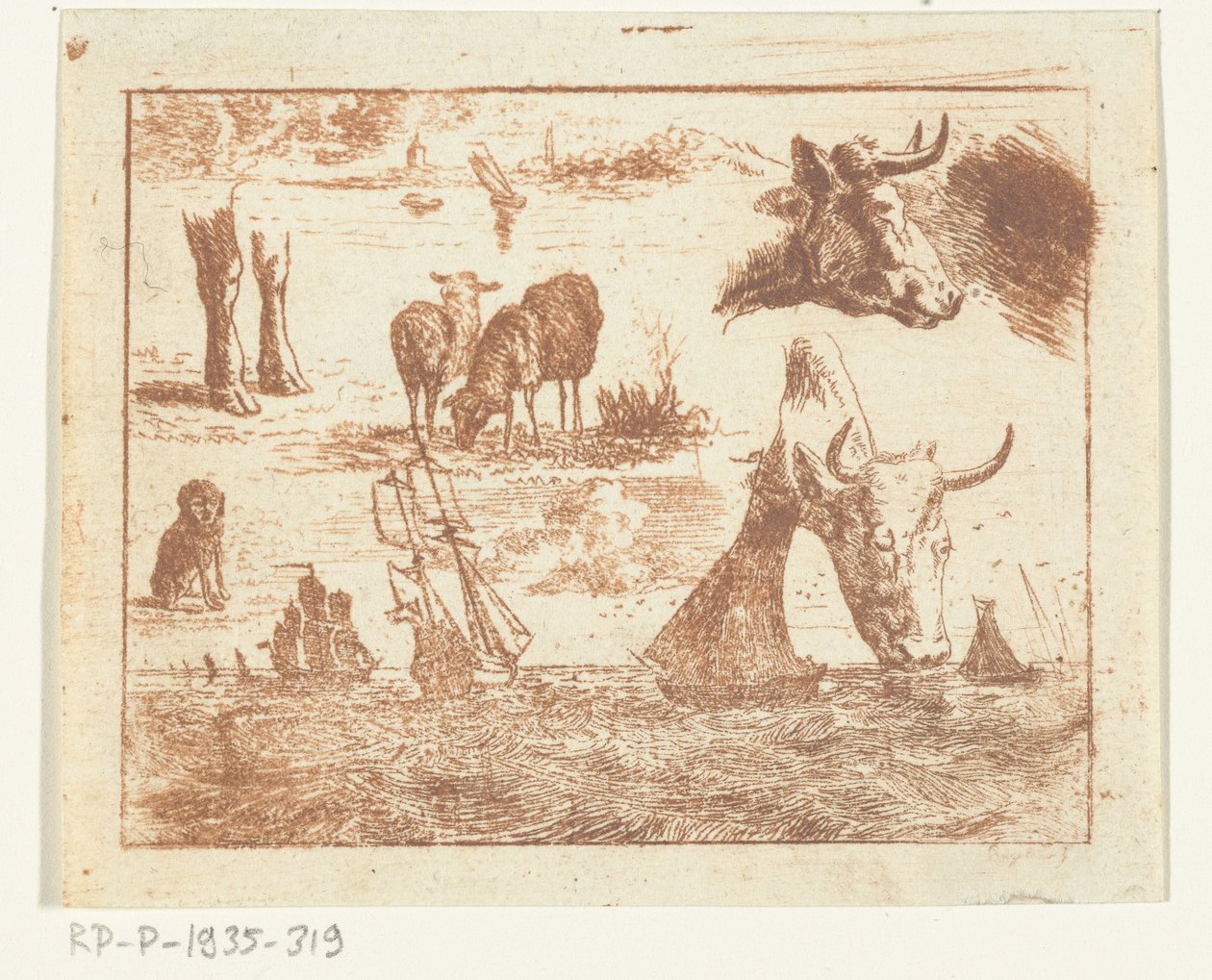 画有海景、两个牛头、羊、狗和两条腿的学习用纸 作者 恩斯特·威廉·简·巴格拉尔