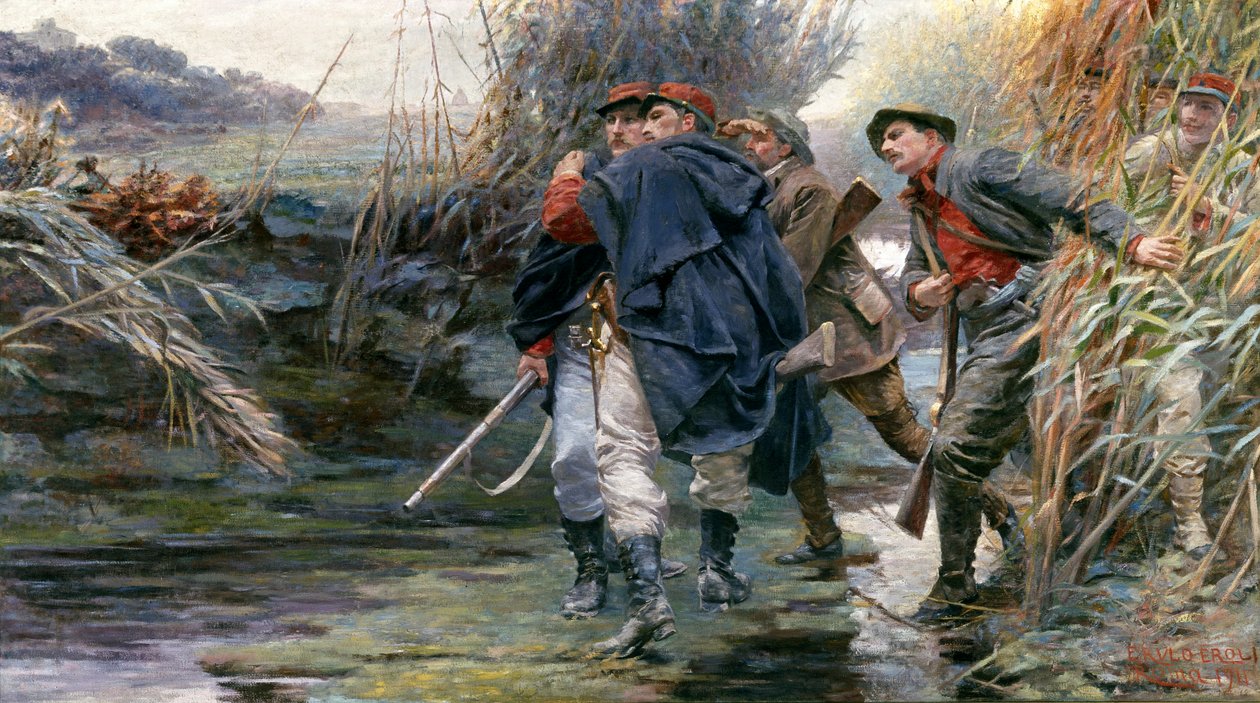 恩里科和乔瓦尼-卡伊罗利兄弟沿台伯河前往格洛里别墅，将罗马从教皇政府手中解放出来 作者 埃鲁洛·埃罗利