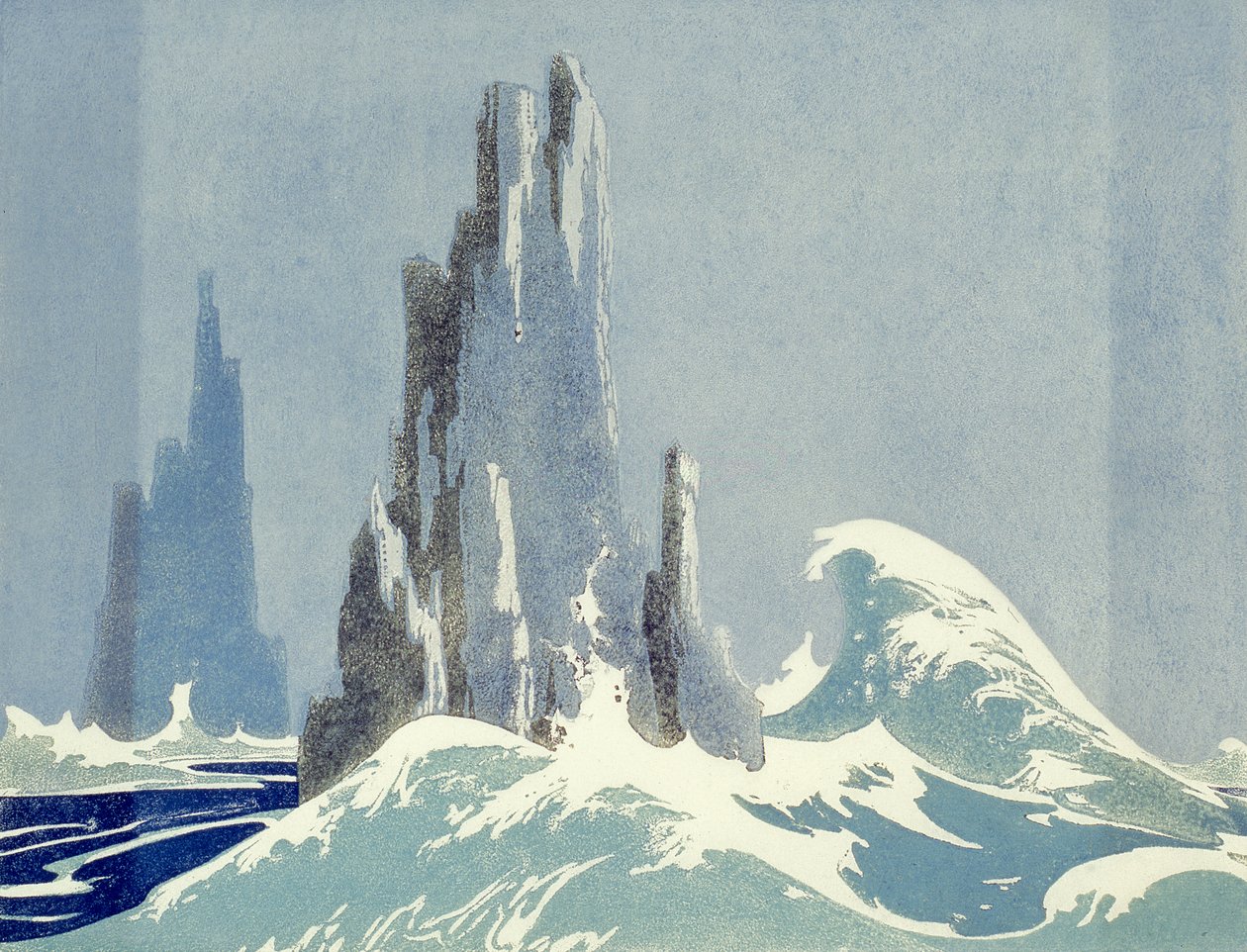 大教堂岩石，塔斯马尼亚州，1939年（linocut） 作者 艾琳·帕尔默（Ethleen Palmer）