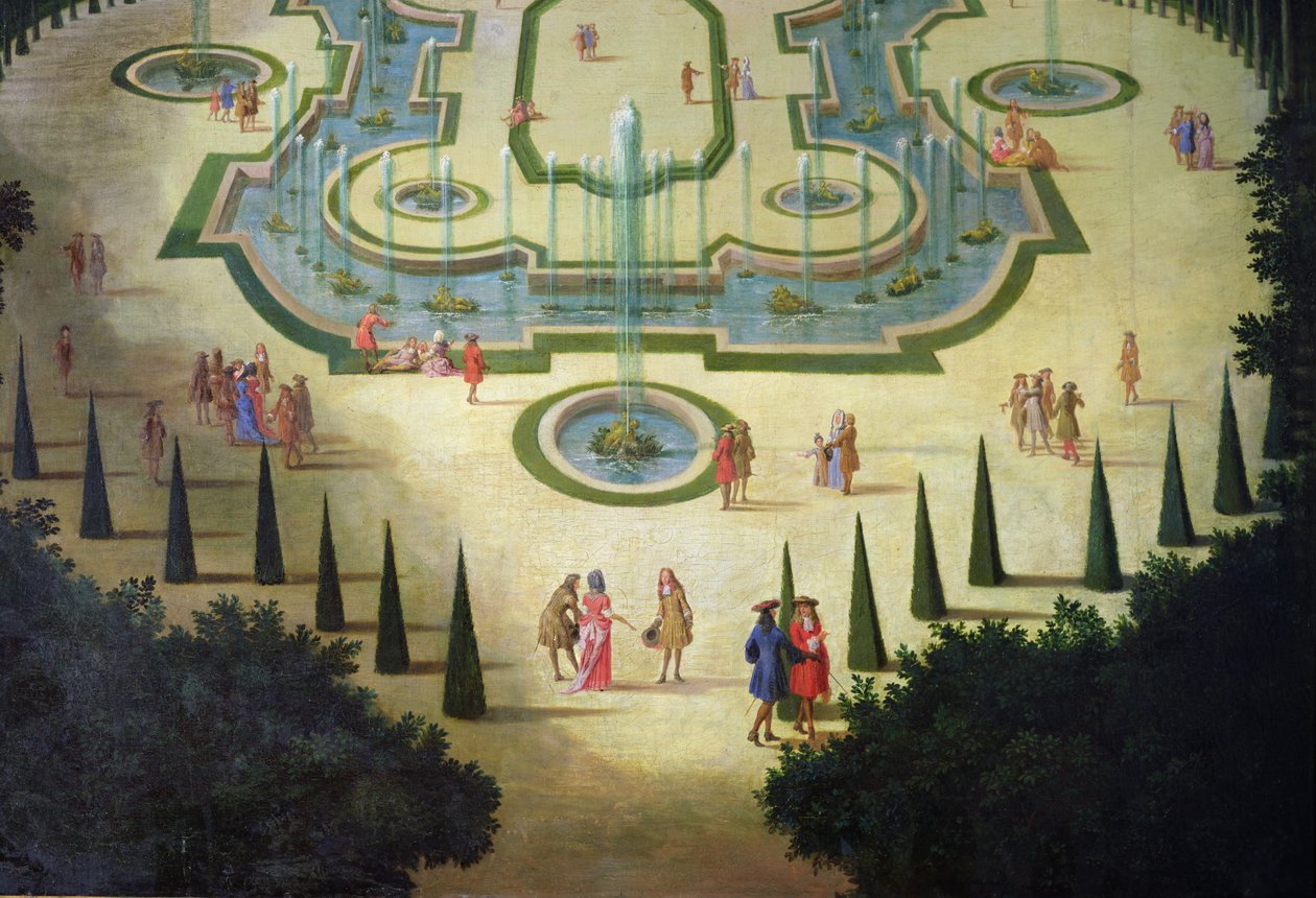 节日大厅或议会室详细的池塘和前景中的人物，c.1688油画布 作者 艾蒂安·阿莱格兰（Etienne Allegrain）