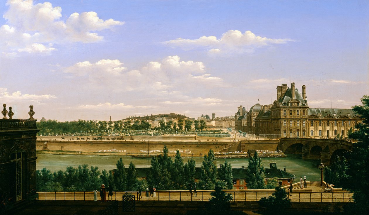 从奥地利Quai d&39;Orsay，1813年的杜乐丽花园和宫殿的视图 作者 艾蒂安·布霍特（Etienne Bouhot）