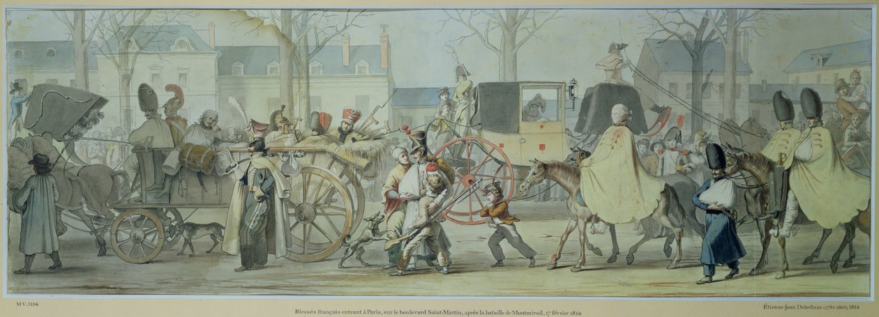 1814年2月17日蒙特米拉尔战役后，受伤的法国士兵在圣马丁大道上进入巴黎（笔墨和纸上的wc） 作者 艾蒂安·让·德雷克鲁兹（Etienne Jean Delecluze）