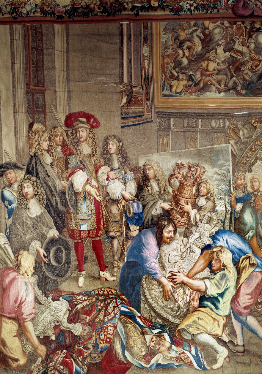 路易十四在让·巴蒂斯特 (Jean-Baptiste) Colbert (1619-1683)（侧面，国王右侧）和画家查尔斯·勒布伦 (Le Brun) (1619-1690) 的见证下参观戈布兰工厂 ），10 月 15 日 作者 Etienne (工作室) Le Blond
