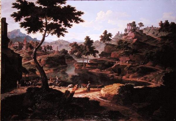 有人物和废墟的古典风景（布面油画） 作者 艾蒂安·阿莱格兰（Etienne Allegrain）
