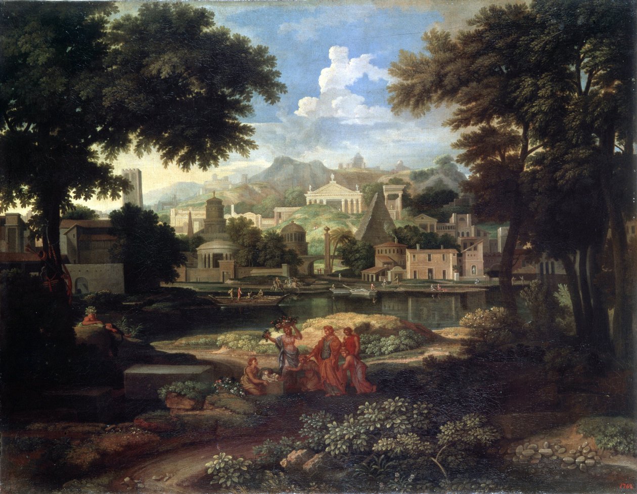 艾蒂安-阿勒格兰（1653-1736 年）的绘画作品 "尼罗河救出摩西的风景"，圣彼得堡艾尔米塔什博物馆。 作者 艾蒂安·阿莱格兰（Etienne Allegrain）